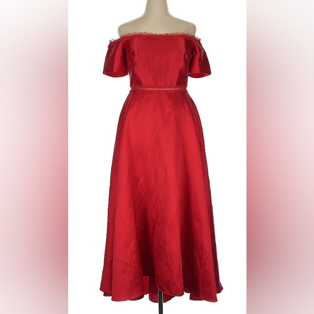 Monique Lhuillier Red Puff Sleeve Off-Shoulder Midi Dress